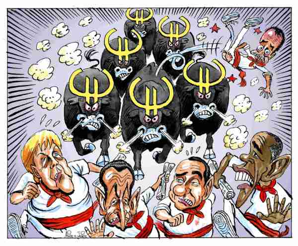 Merkel, Obama, Belusconi, Sarkozy y Zapatero en los encierros de San Fermín de la manada del euro, humor gráfico