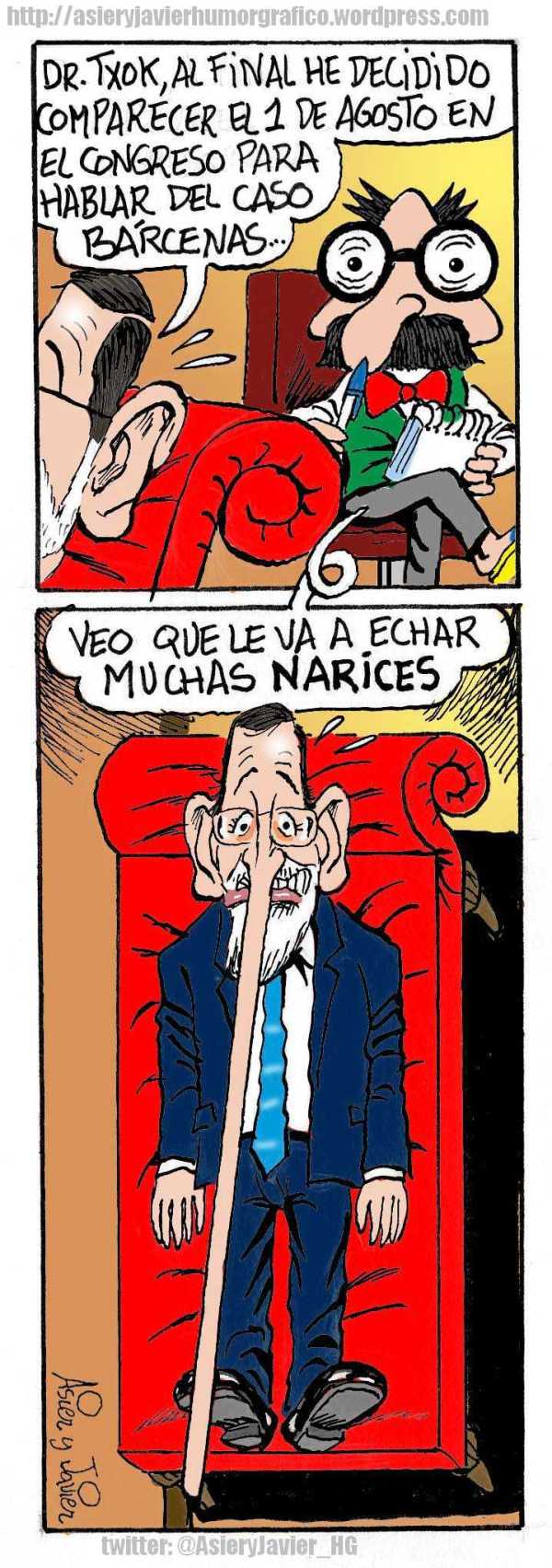 Rajoy afirma ante el doctor Txok que va a echarle narices al caso Bárcenas. Humor gráfico, caricaturas.