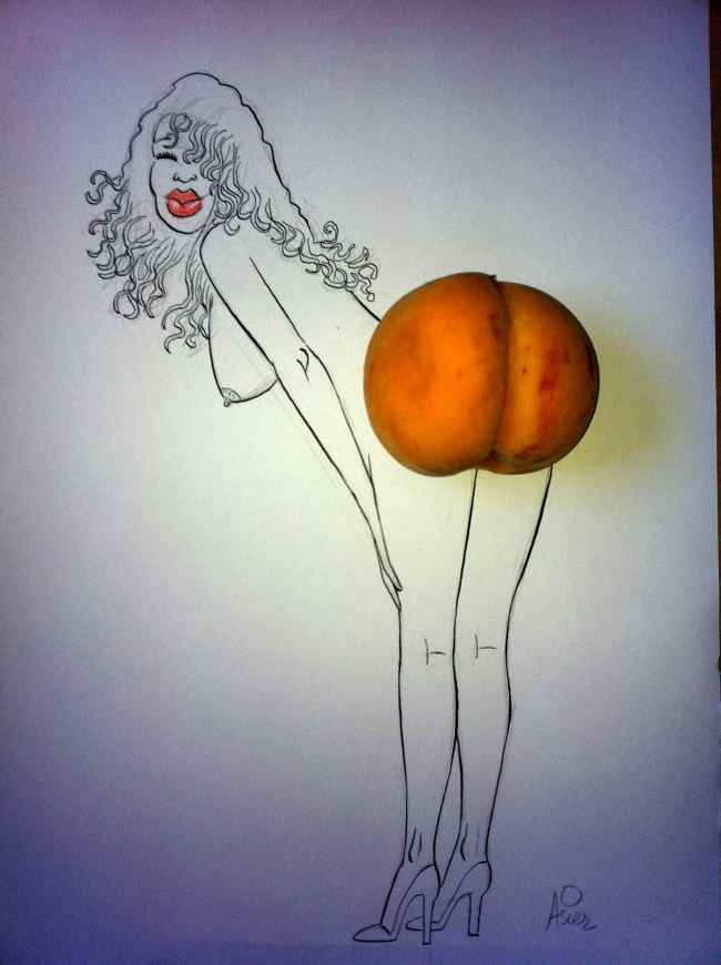 Homenaje a Robert Crumb con melocotón: papel, lápiz, tinta china, un melocotón ...y obsesión por Robert Crumb.