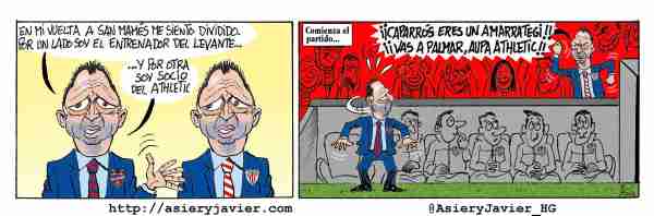 Caparrós, entrenador del Levante que juega hoy en San Mamés, y socio del Athletic. Fútbol, Liga BBVA, Humor gráfico.