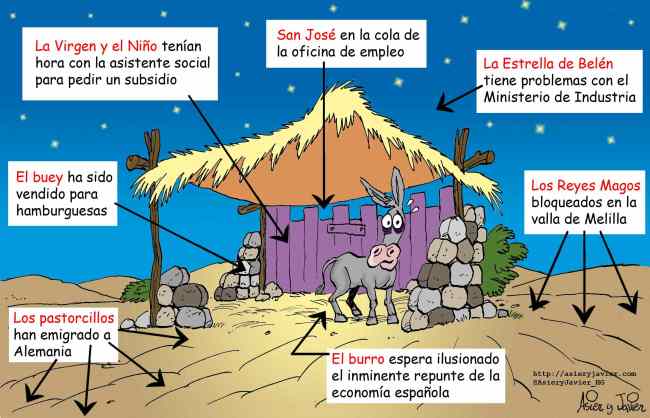 Felicitación de Navidad con el Portal de Belén de este año. Humor gráfico.Risa. Año 2014.