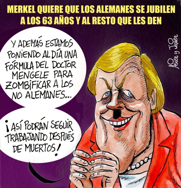 Merkel quiere bajar la edad de jubilación SOLO de los alemanes. Viñeta, caricatura. Merkel quiere bajar la edad de jubilación SOLO de los alemanes. Viñeta, caricatura.