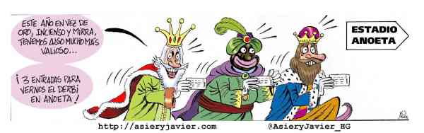 Los Reyes Magos van con sus presentes al Derbi entre Athletic y Real de Anoeta. Humor gráfico.