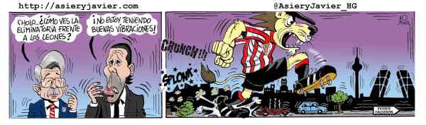 Un Athletic que asusta llega al Calderón a disputar el cruce de Copa a los de Simeone. Caricaturas, humor gráfico.