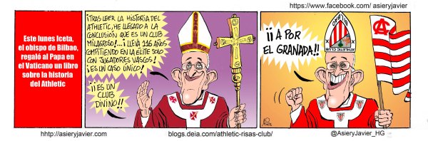 Tras los regalos del obispo Iceta, Papa Francisco se hace forofo del Athletic. Caricatura, humor.