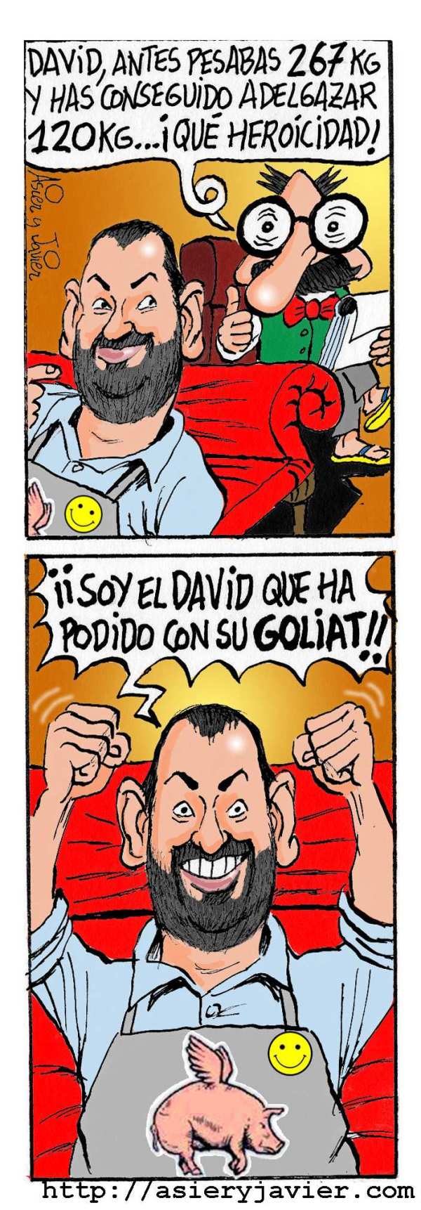 El gran David de Jorge vence a su Goliath. Humor, caricatura.