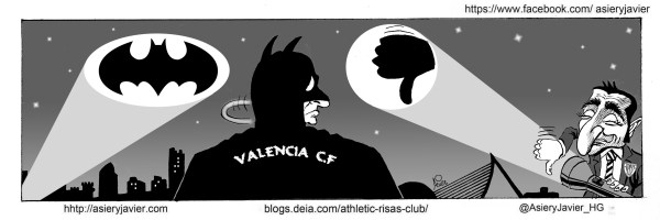 El Athletic, a Mestalla a por el murciélago. Viñeta, caricatura, humor. 