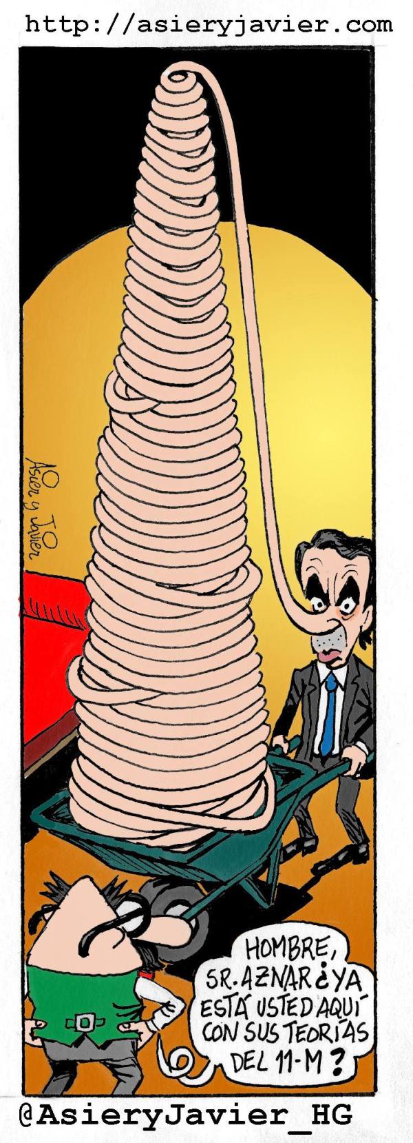 Como todos los meses de marzo, el expresidente Aznar visita al doctor Txok. Caricatura, viñeta.