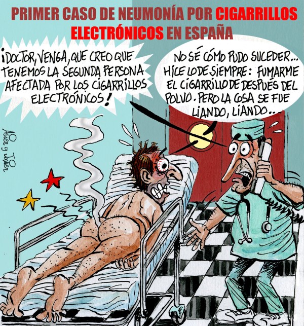 Los cigarrillos electrónicos también podrían ser malos para la salud. Humor, viñeta.
