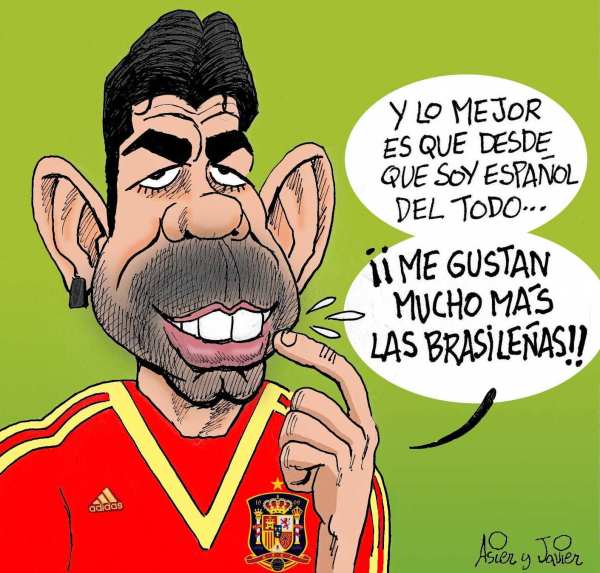 Diego Costa debutó con España. Caricatura, humor.