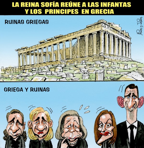 La familia real, en Grecia sin el rey. Humor, caricaturas.
