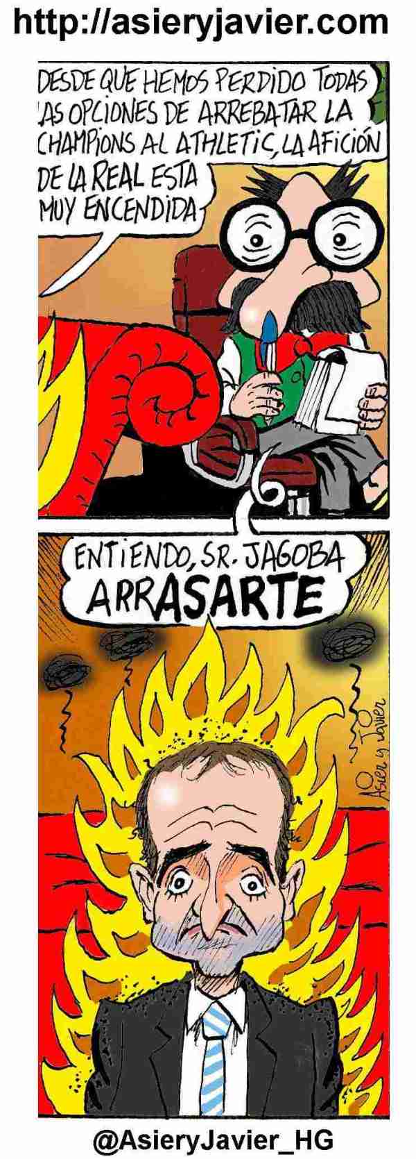 El entrenador Jagoba Arrasate visita al doctor Txok después de que la Real Sociedad se quede casi sin opciones de alcanzar un puesto de Champions League. Fútbol, humor, caricatura, viñeta.
