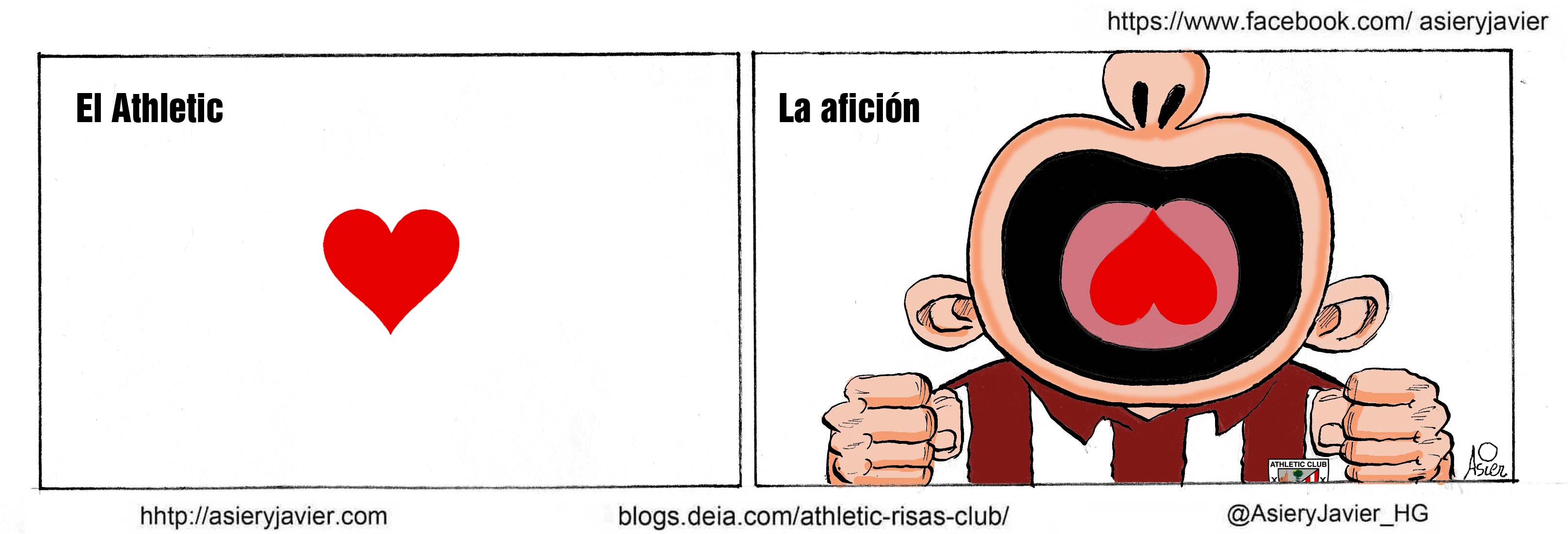 El Athletic y la afición, un mismo corazón que late por la Champions. Viñeta.