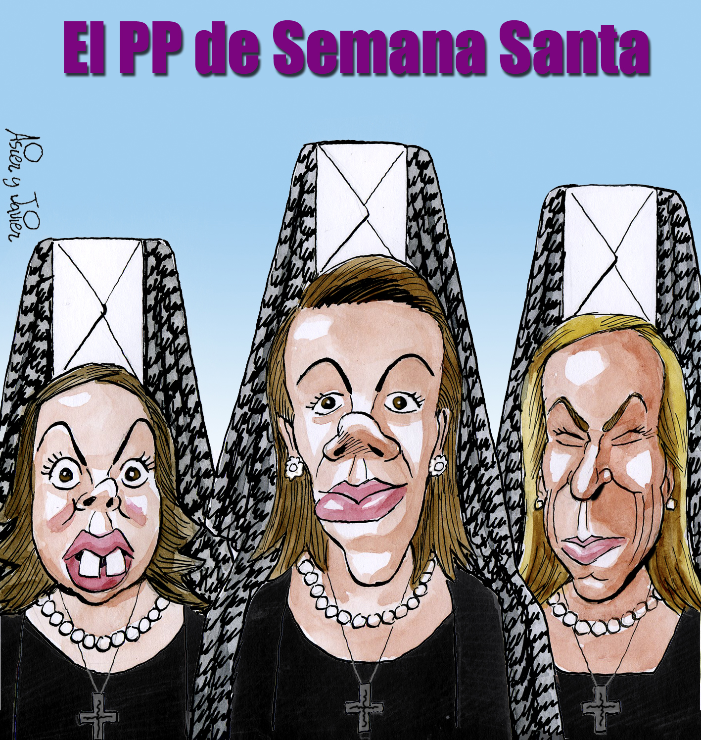 La Cofradía de Nuestro Señor del Santo Sobre en la procesión de Jueves Santo. PP, Cospedal, Soraya, Mato, Humor, caricatura.