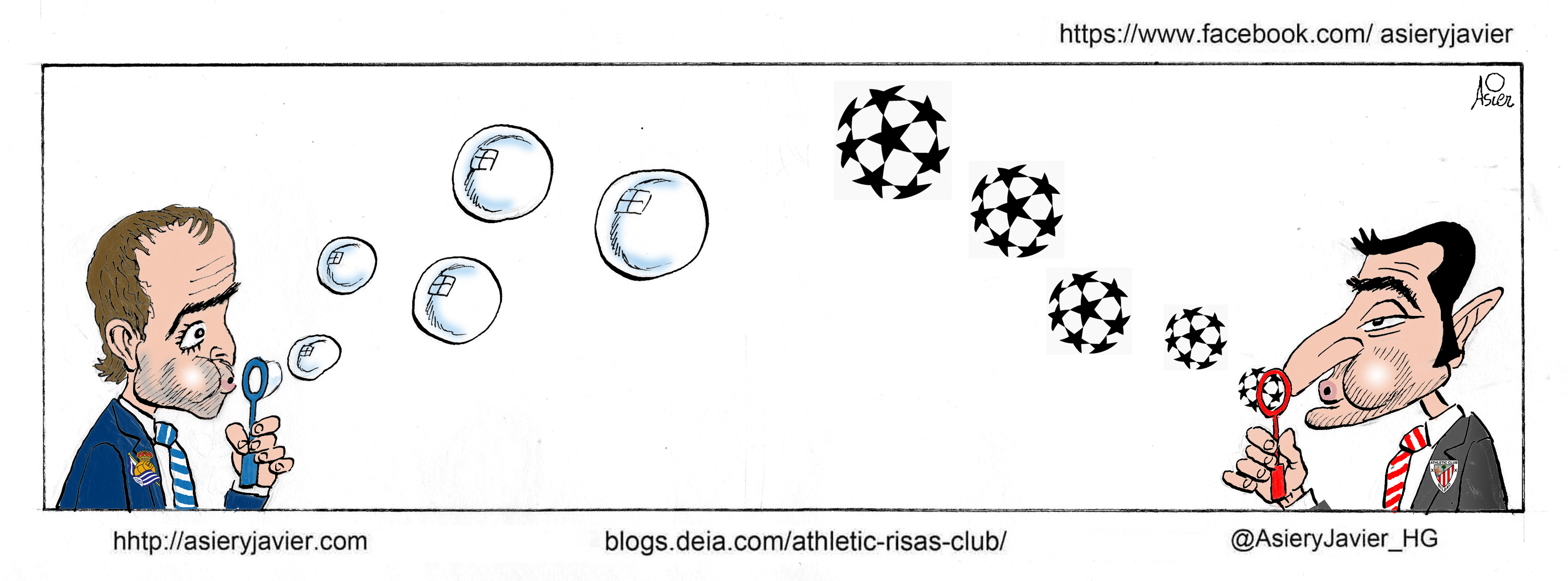 Un derby en San Mamés con Europa al fondo. La Real se juega una plaza de Europa League mientras que el Athletic tiene la Champions asegurada. Humor, caricaturas, viñeta.