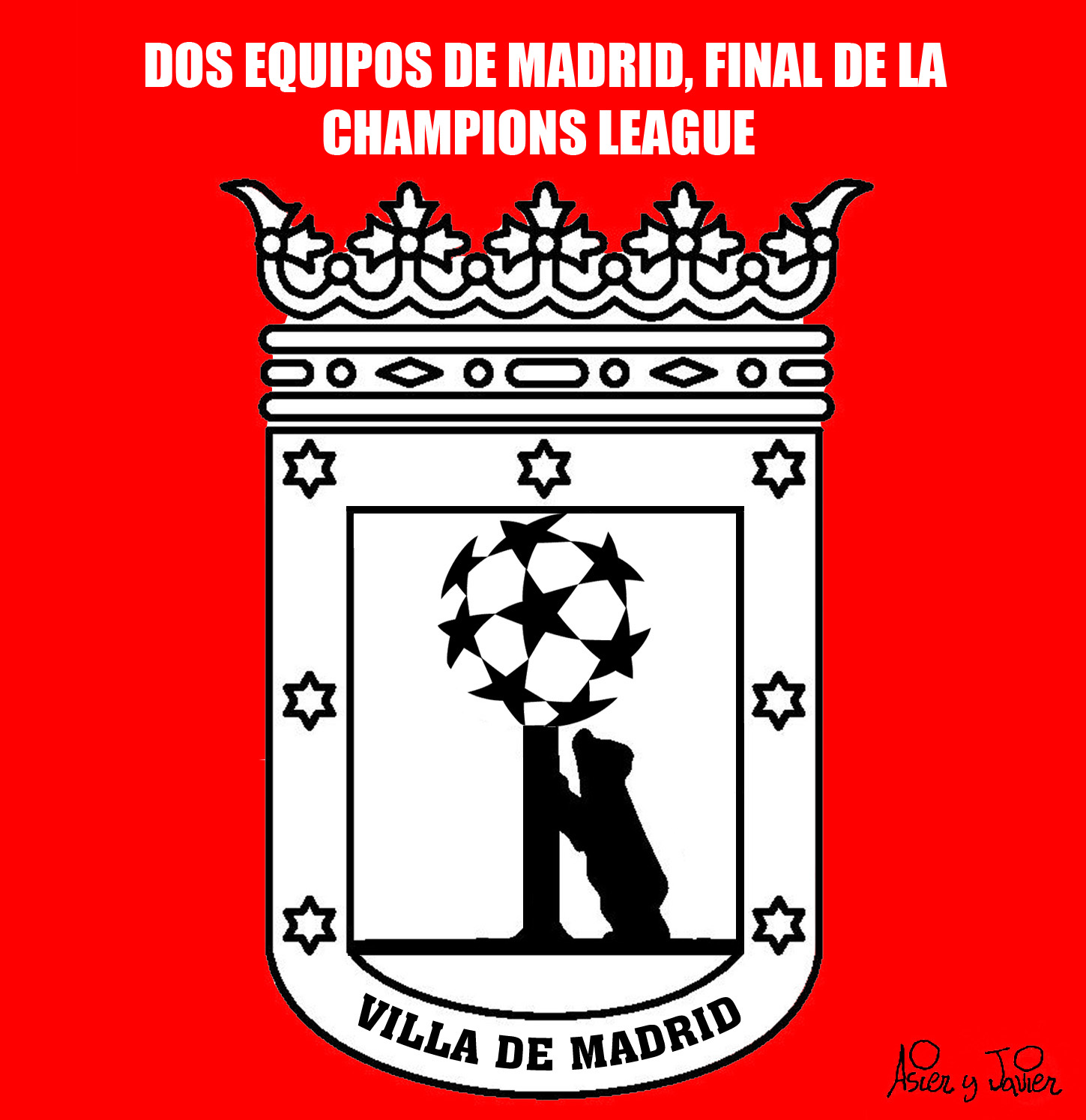 Dos equipos de fútbol de Madrid disputarán la final de la Champions. Viñeta, oso y madroño, humor.