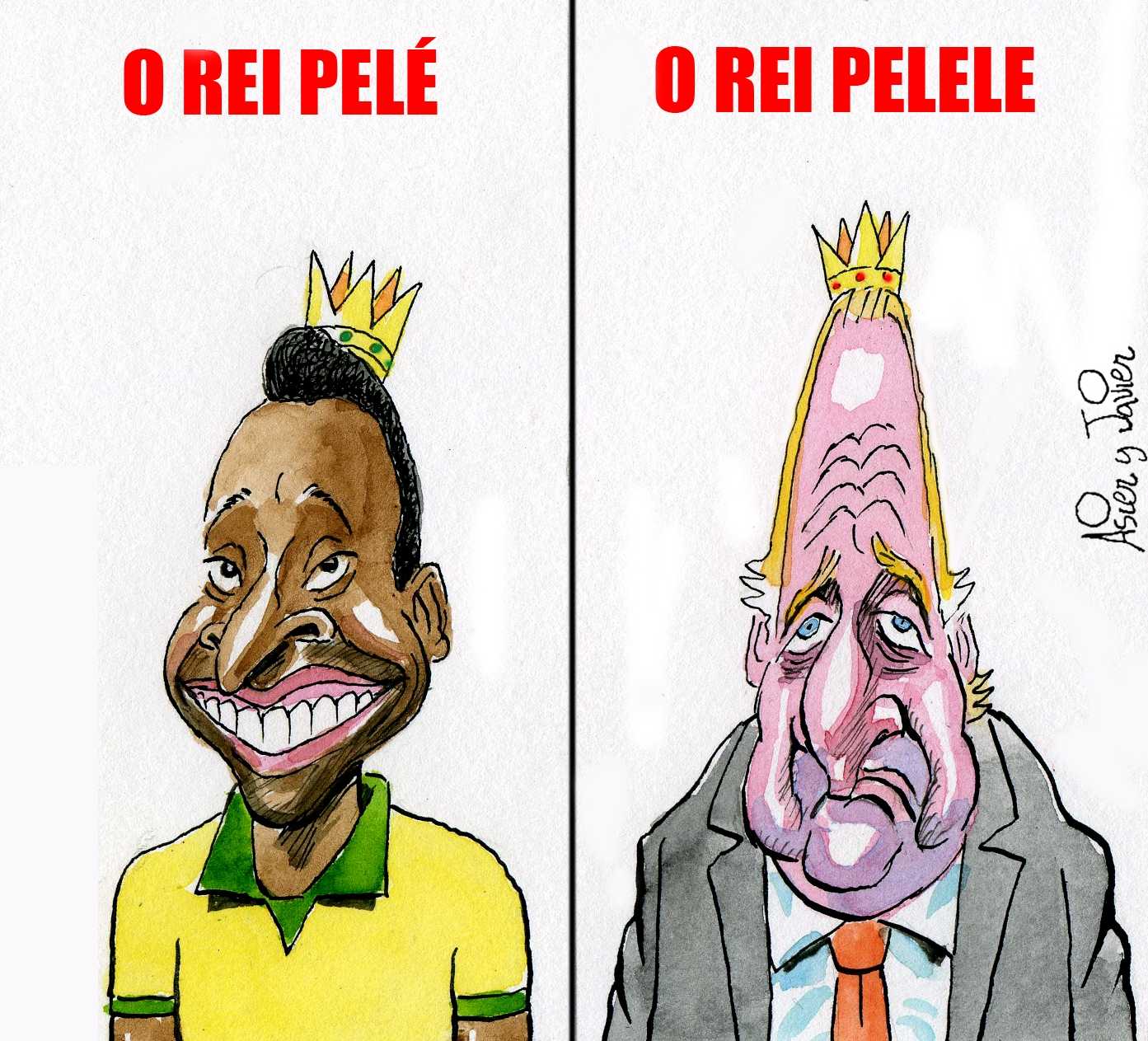 Dos reyes coparán la actualidad durante el mundial de fútbol de Brasil: Pelé y Juan Carlos. Humor, caricatura.