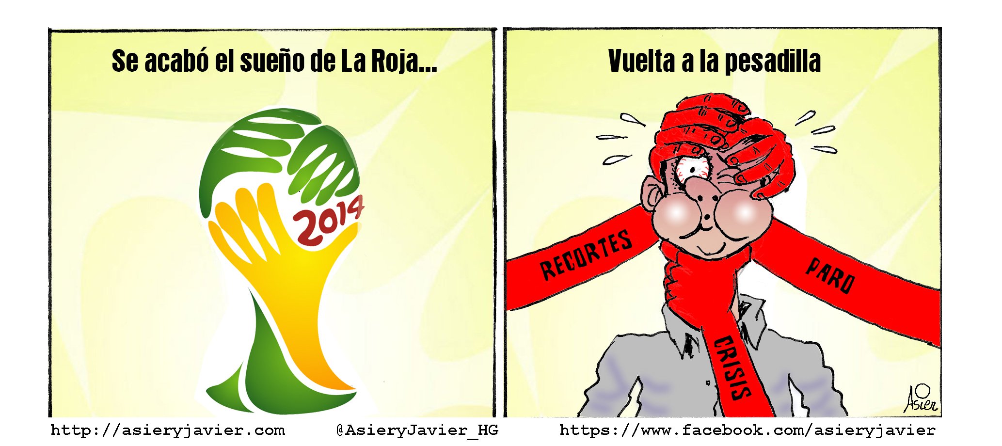 Se acabó el sueño del Mundial de Fútbol para España, vuelve la pesadilla cotidiana. Viñeta. Se acabó el sueño del Mundial de Fútbol para España, vuelve la pesadilla cotidiana.